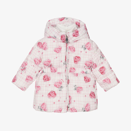 Monnalisa-Girls Pink Puffer Flower Hooded Coat | Childrensalon