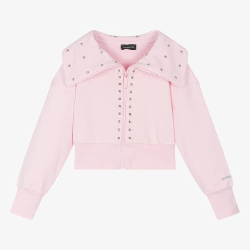 Monnalisa-Girls Pink Studded Cotton Zip-Up Top | Childrensalon