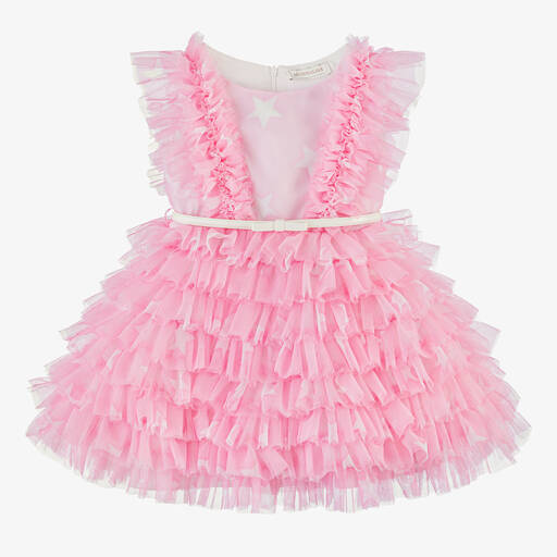 Monnalisa-Girls Pink Tulle Ruffle Dress | Childrensalon