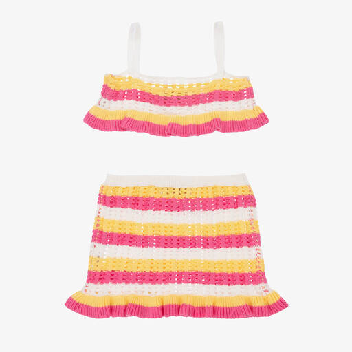 Monnalisa-Girls Pink & Yellow Crochet Skirt Set | Childrensalon