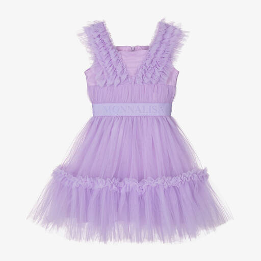 Monnalisa-Girls Purple Tulle Ruffle Dress | Childrensalon