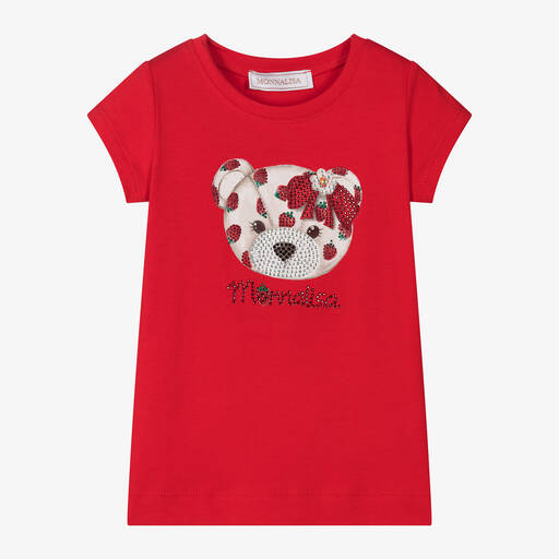 Monnalisa-Girls Red Cotton Strawberry Bear T-Shirt | Childrensalon
