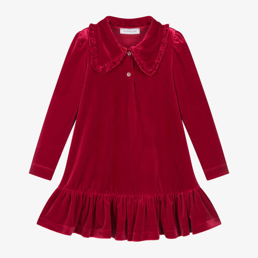 Monnalisa-Girls Red Jewelled Velour Dress | Childrensalon