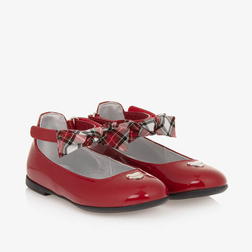 Monnalisa-Girls Red Patent Leather Tartan-Bow Pumps | Childrensalon
