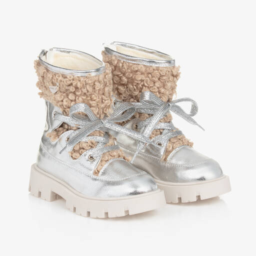 Monnalisa-Girls Silver Faux Leather Lace-Up Boots | Childrensalon
