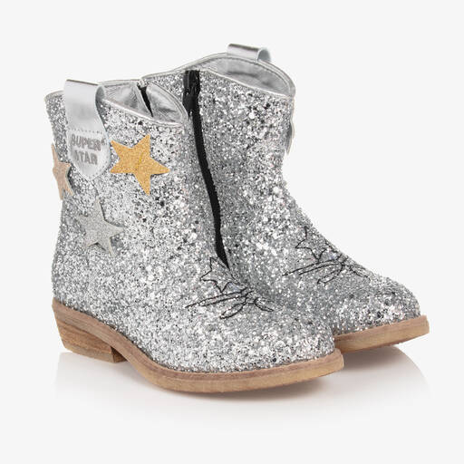 Monnalisa-Girls Silver Glitter Leather Cowboy Boots | Childrensalon