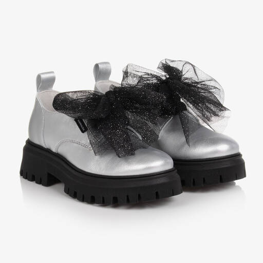 Monnalisa-Серебристые кожаные туфли с бантами из тюля | Childrensalon