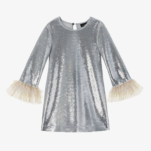 Monnalisa-Girls Silver Sequin & Tulle Dress | Childrensalon