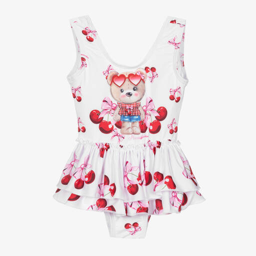 Monnalisa-Girls White Cherry & Teddy Swimsuit | Childrensalon