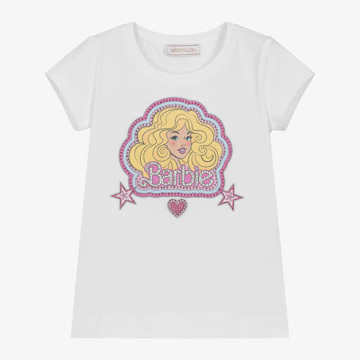 Monnalisa-Girls White Cotton Barbie T-Shirt | Childrensalon