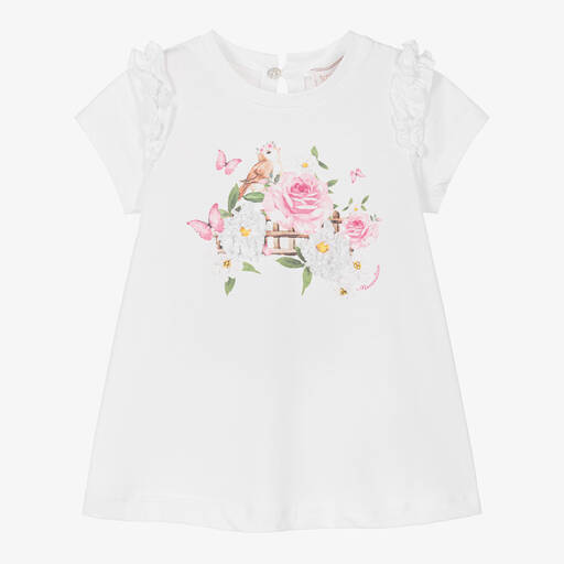 Monnalisa-Girls White Cotton Floral Dress | Childrensalon