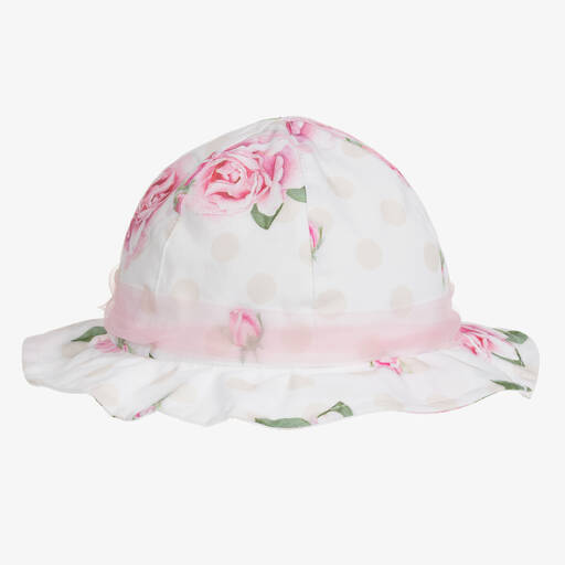 Monnalisa-Girls White Cotton Floral Print Sun Hat | Childrensalon