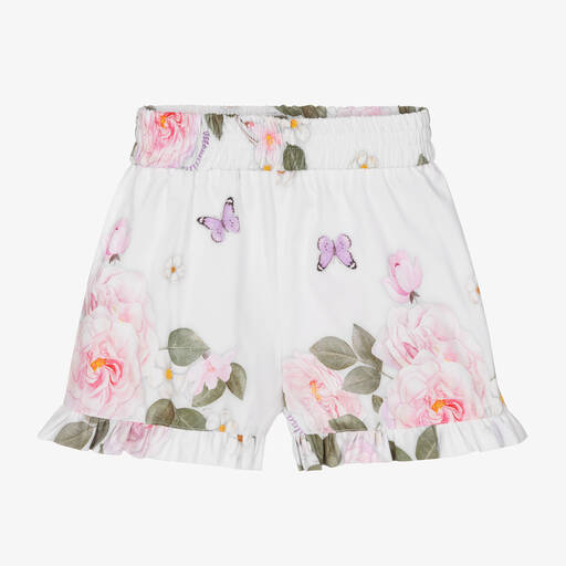 Monnalisa-Girls White Cotton Floral Shorts | Childrensalon