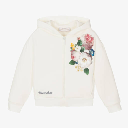 Monnalisa-Girls White Cotton Floral Zip-Up Hoodie  | Childrensalon