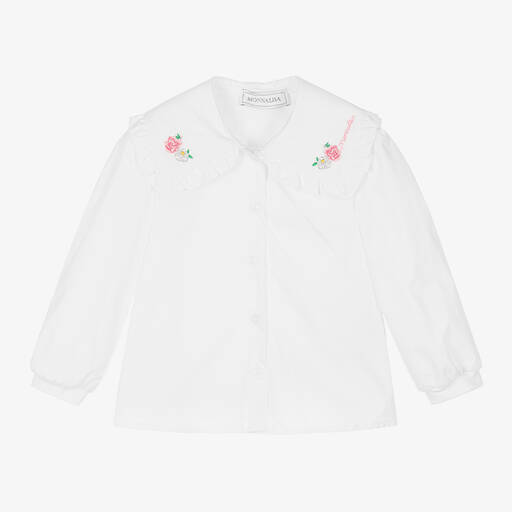 Monnalisa-Белая хлопковая блузка с цветами на воротнике для девочек | Childrensalon