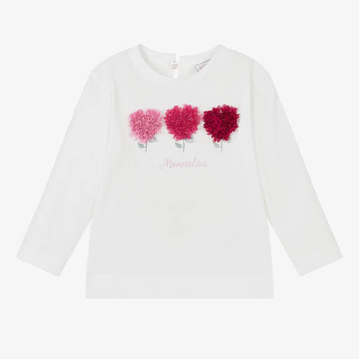 Monnalisa-Girls White Cotton Flowery Hearts Top | Childrensalon