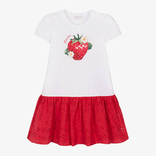 Monnalisa-Girls White Cotton Strawberry Dress | Childrensalon