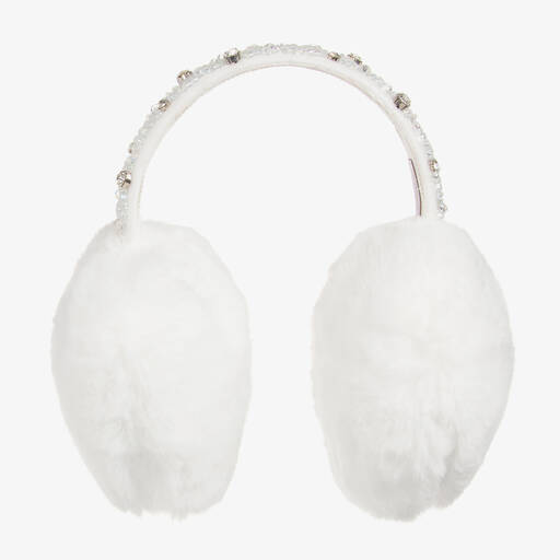 Monnalisa-Girls White Diamanté Plush Ear Muffs | Childrensalon