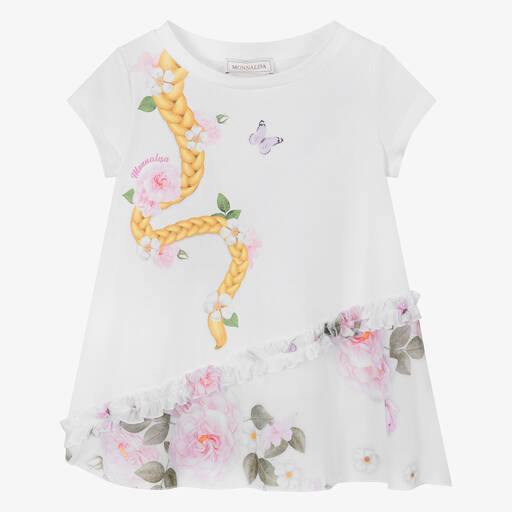 Monnalisa-Girls White Floral Cotton Disney T-Shirt | Childrensalon