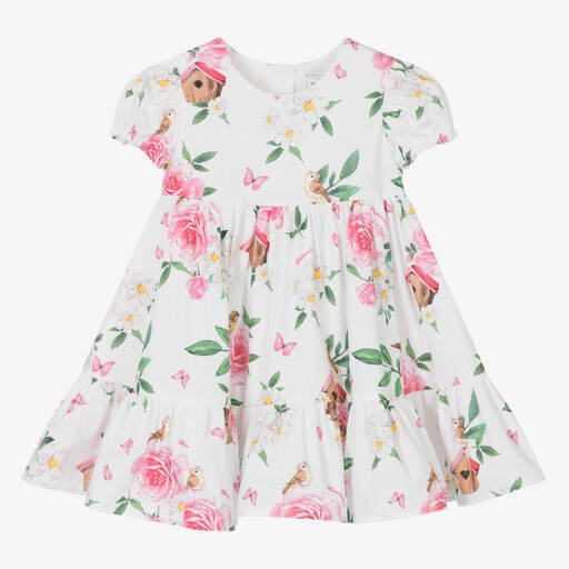 Monnalisa-Girls White Floral Cotton Dress | Childrensalon