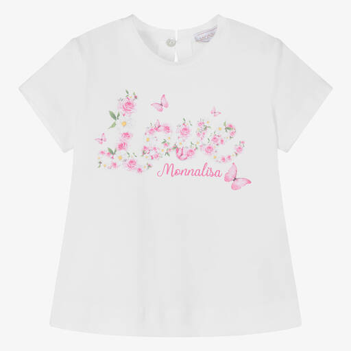 Monnalisa-Girls White Floral Cotton Love T-Shirt | Childrensalon