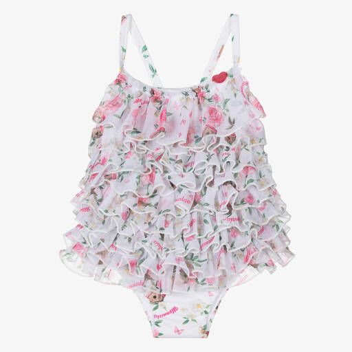 Monnalisa-Girls White Floral Ruffle Tulle Swimsuit | Childrensalon