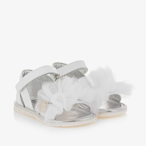 Monnalisa-Girls White Leather & Tulle Frill Sandals | Childrensalon