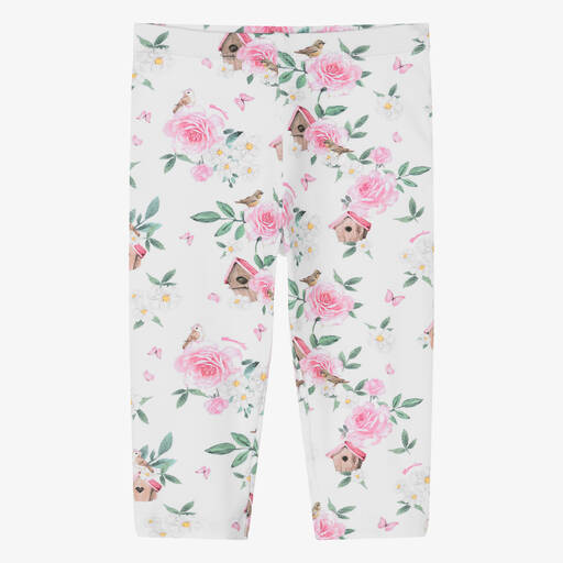 Monnalisa-Белые хлопковые легинсы с розовыми цветами для девочек | Childrensalon