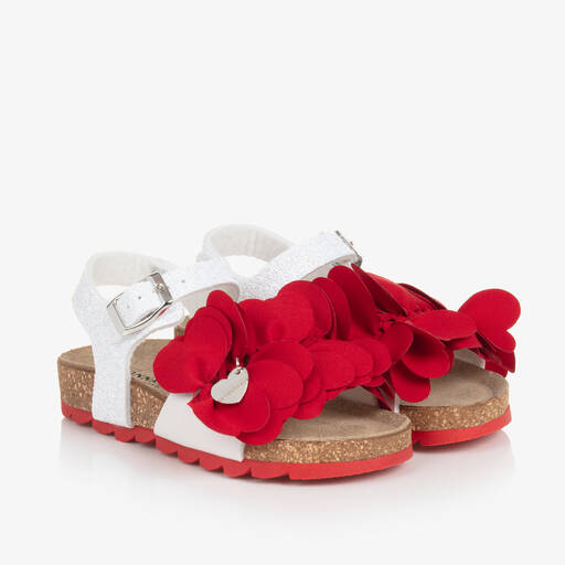 Monnalisa-Girls White & Red Flower Sandals | Childrensalon
