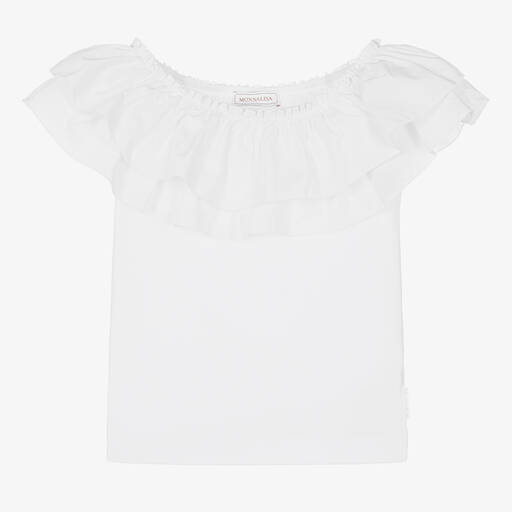 Monnalisa-Girls White Ruffle Cotton T-Shirt | Childrensalon