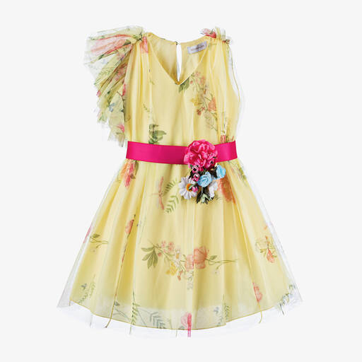 Monnalisa-فستان تول لون أصفر وزهري بطبعة ورود | Childrensalon