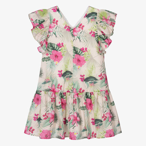 Monnalisa-Teen Girls Beige Floral Cotton Dress | Childrensalon