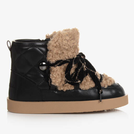 Monnalisa-Teen Girls Black Quilted Faux Shearling Boots | Childrensalon