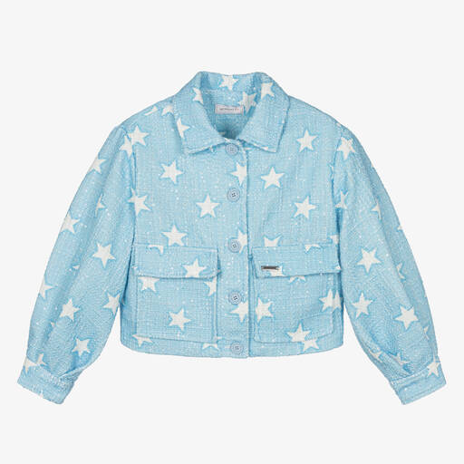 Monnalisa-Teen Girls Blue Tweed Sequin Stars Jacket | Childrensalon