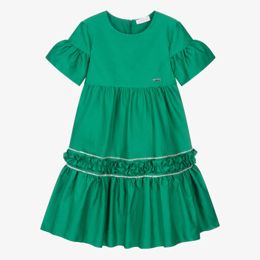 Monnalisa Chic-Teen Girls Emerald Green Diamanté Taffeta Dress | Childrensalon