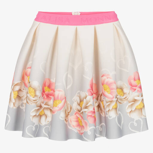 Monnalisa-Teen Girls Grey Floral Neoprene Skirt | Childrensalon