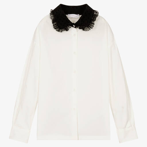 Monnalisa Chic-Кремовая блузка с черным воротником из тюля | Childrensalon