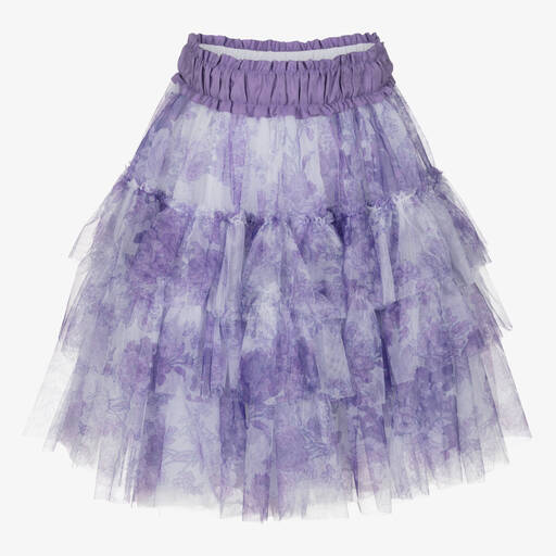 Monnalisa Chic-Teen Girls Lilac Floral Tiered Tulle Skirt | Childrensalon
