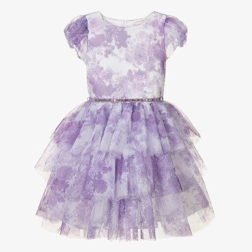 Monnalisa Chic-Teen Girls Lilac Purple Floral Tulle Dress | Childrensalon
