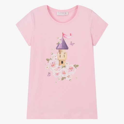 Monnalisa-Teen Girls Pink Cotton Castle T-Shirt | Childrensalon