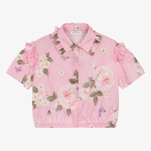 Monnalisa-Teen Girls Pink Cotton Floral Blouse | Childrensalon