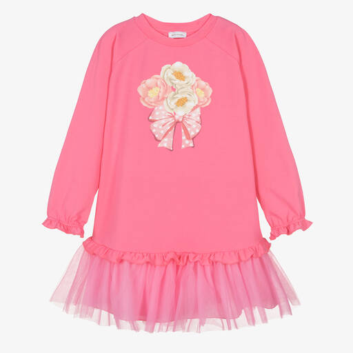 Monnalisa-Teen Girls Pink Cotton Flowers Dress | Childrensalon