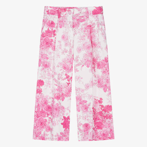 Monnalisa Chic-Teen Girls Pink Floral Cotton Trousers | Childrensalon
