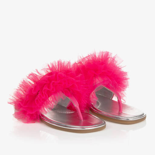 Monnalisa-Teen Girls Pink & Silver Ruffle Flip Flops | Childrensalon