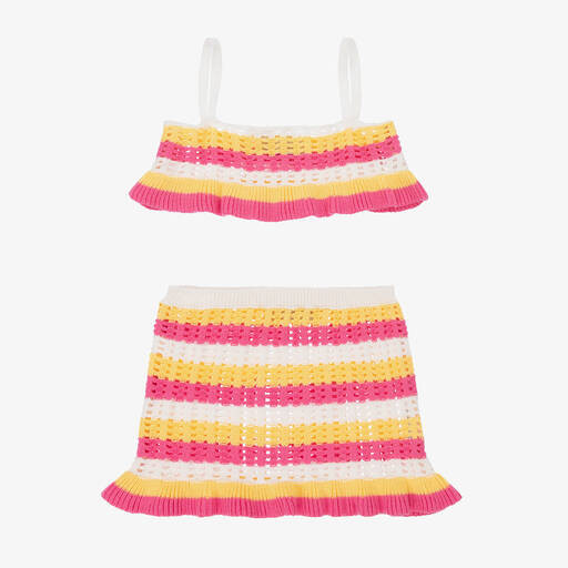 Monnalisa-Teen Girls Pink Striped Crochet Skirt Set | Childrensalon