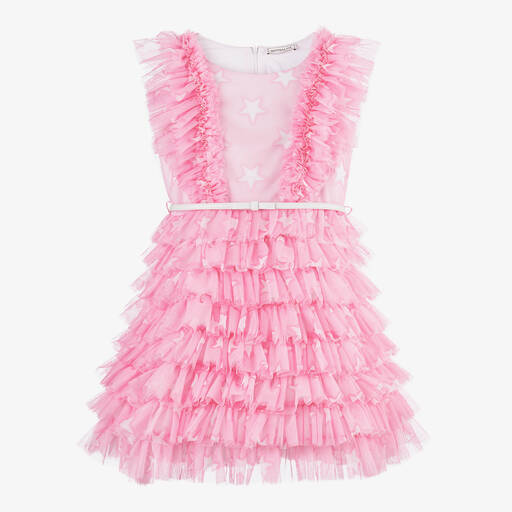 Monnalisa-Teen Girls Pink Tulle Ruffle Dress | Childrensalon