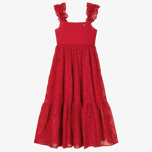 Monnalisa-Teen Girls Red Broderie Anglaise Dress | Childrensalon