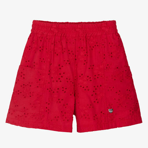 Monnalisa-Teen Girls Red Embroidered Cotton Shorts | Childrensalon