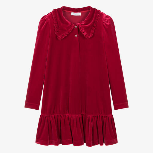 Monnalisa-Teen Girls Red Velour Button Dress | Childrensalon