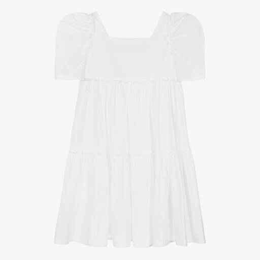 Monnalisa-فستان بطبقات قطن بوبلين لون أبيض للمراهقات  | Childrensalon